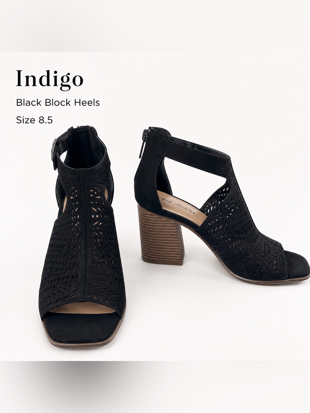 NWOT Indigo Black Laser Cut Peep Toe Block Heel Sandals Size 8.5
